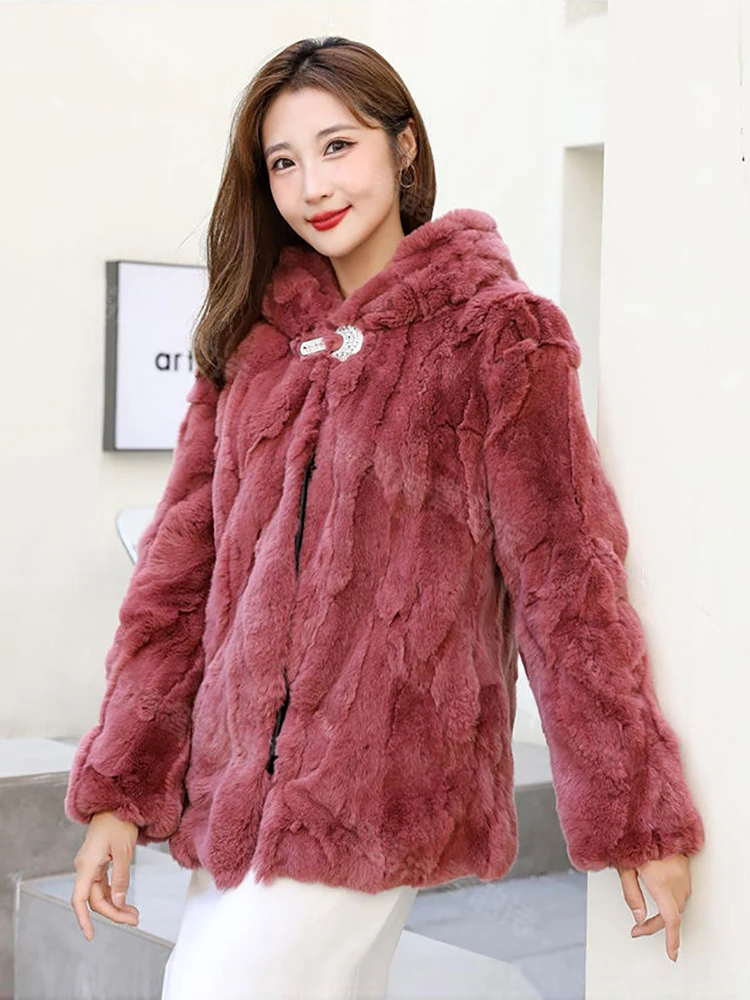 Winter Women\'s Real Fur Coat Loose Top Rabbit Fur Jacket Hood Women Clothing Fluffy Furry Natural Fur Jackets With Pockets Parka