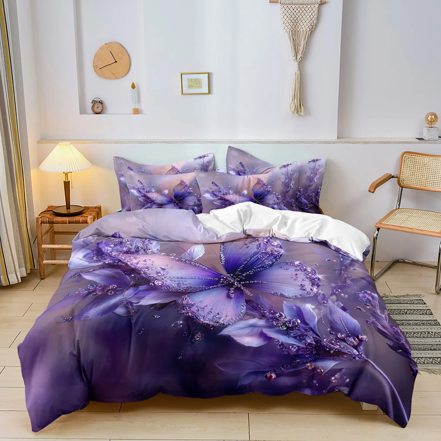 3 Pieces Dreamy Purple Butterfly Duvet Cover Set, Gradient Violet Crystal Floral Printed Bedding, For Bedroom Home Decoration