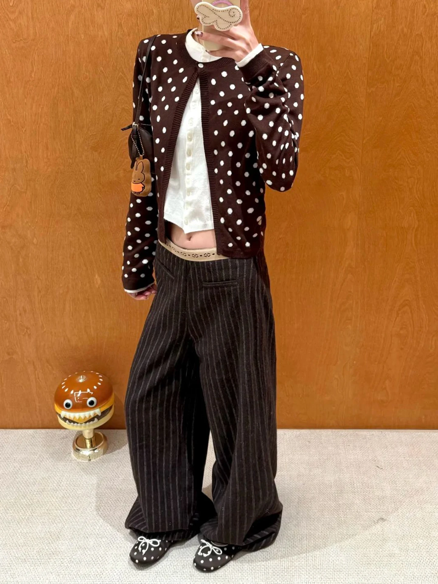 

Spring New Arrival Women's Polka Dot Knitted Cardigan Fake Two-Piece Design Long Sve Regular Length Button up Sweater Coat