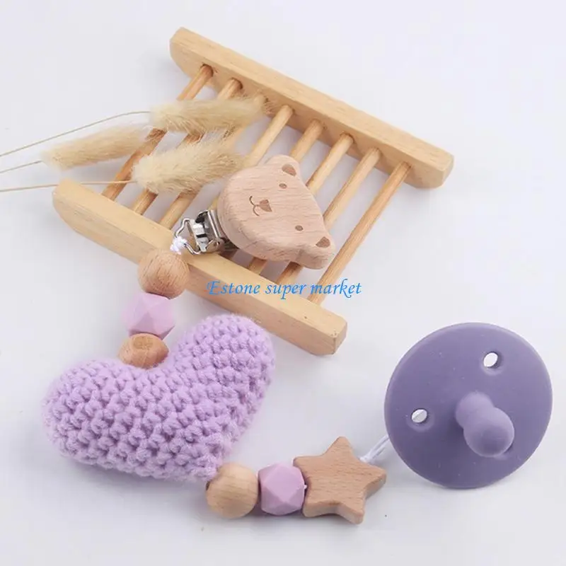 Cadena chupete ajuste 090B, diseño oso, chupete para bebé, cadena portátil, chupete ligero, Clip silicona y madera