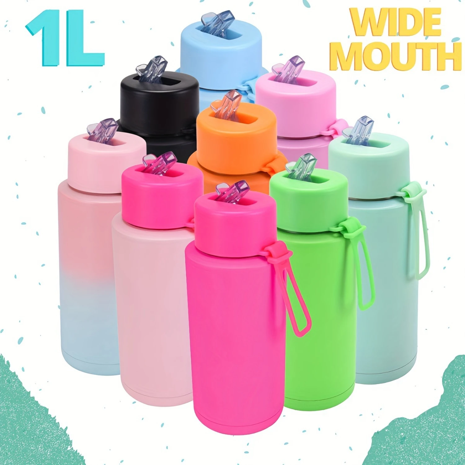 

Stainless Steel Insulated Water Bottle, 35oz (1000ml) - Sports Travel Thermal Cup, Hot Cold Drink Flask with Straw Lid, Silicone