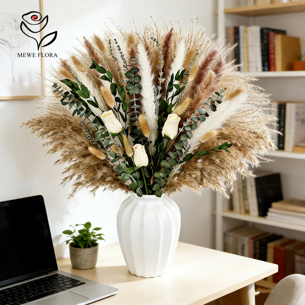 

90pcs Mix Artificial Flower Dried Pampas Grass Eucalyptus Foliage Bouquet Boho Home Green Plants Decor Wedding Table Centerpiece
