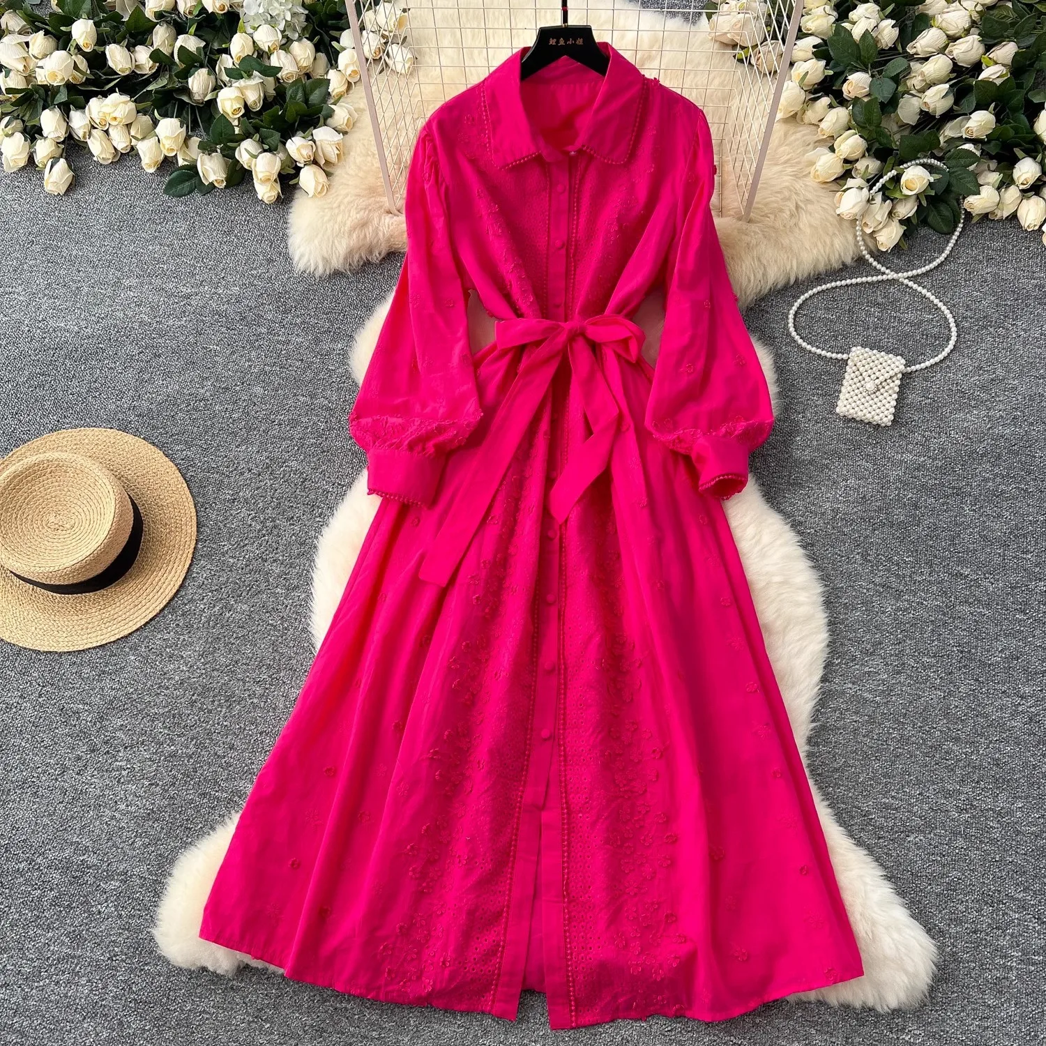 الفرنسية الرجعية التلبيب فانوس كم التعادل الخصر فستان ماكسي الإناث بوهو التطريز أنيقة فساتين طويلة فستان عطلة الشاطئ عادية