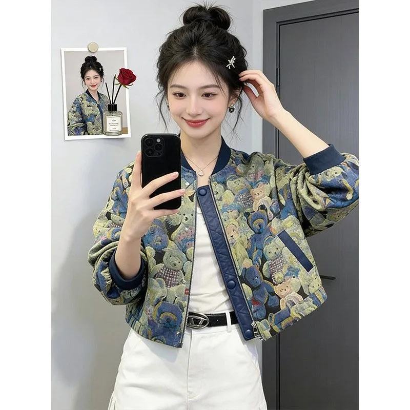 European Versatile Printed Fashion Retro Jacket Women Spring 2026 New Niche Age-reducing Short Baseball Jersey short style coat