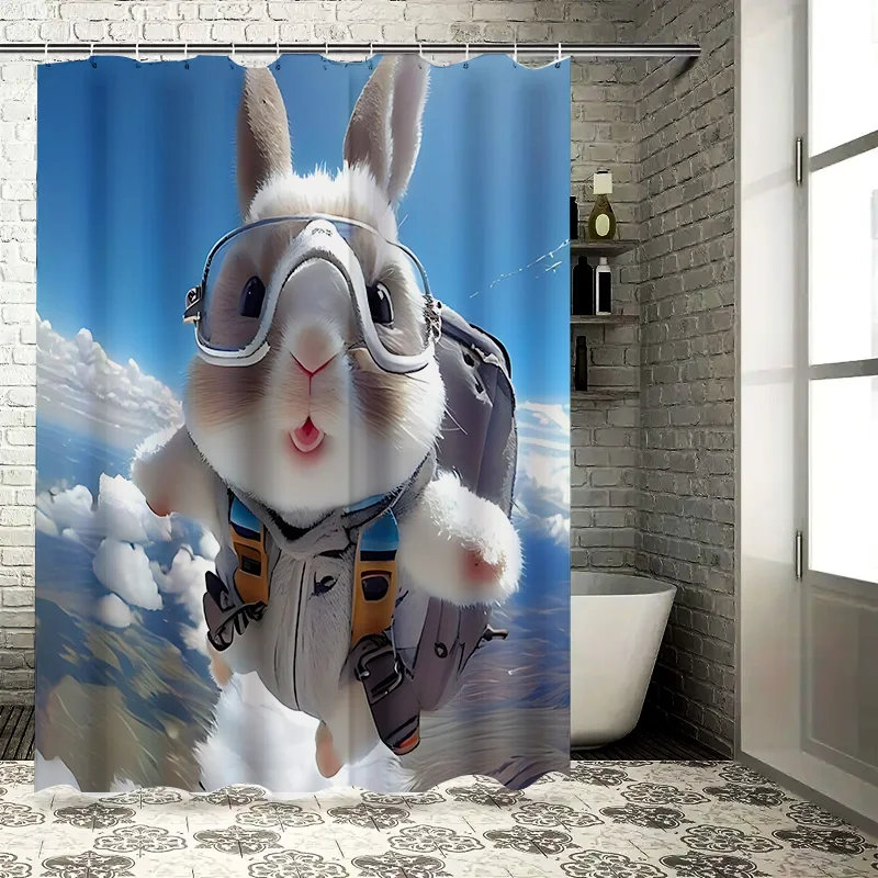 Skydiving Rabbit Shower Curtain Cute Animal Print Bathroom Decor Waterproof and Durable for Stylish Home Upgrade Easy-Clean