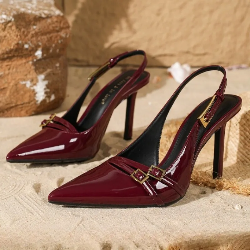 

Luxury Patent Leather Burgundy Women Pumps Sexy Pointy Toe Strap Buckle Design Elegant Backless Heels Ladies Party Designer Shoe