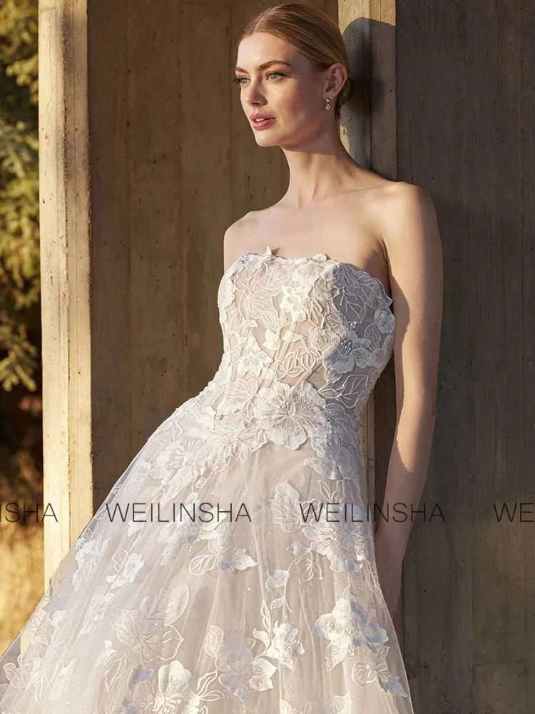 فساتين زفاف الكنيسة حالمة الدانتيل ألف خط فساتين حفلات الزفاف العاج حمالة زين Ruched سستة فستان الزفاف المرأة طويلة #3