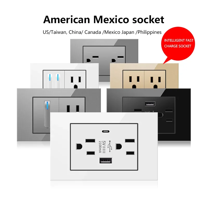 American Standard USB Wall Socket with 5V 2.1A USB Type-c Charger Plug,US Mexico Tempered Glass Piano Light Switch Power Outlet