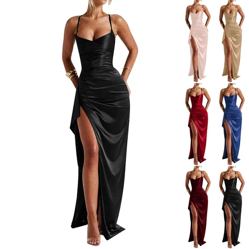 Imagen 2 del producto Vestido elegante de satén con tirantes para mujer, novedad de verano, Sexy, sin espalda, con pliegues divididos, vestido de fiesta de noche liso sin mangas
