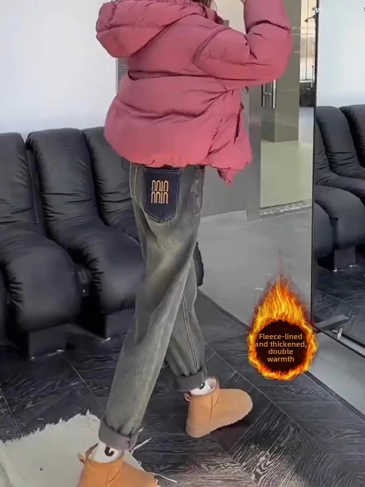 

Women's Fleece Lined Thick Denim Jeans Harlan Style Spring New plus Size Pear Shape Small Figure Dad Long Leggings