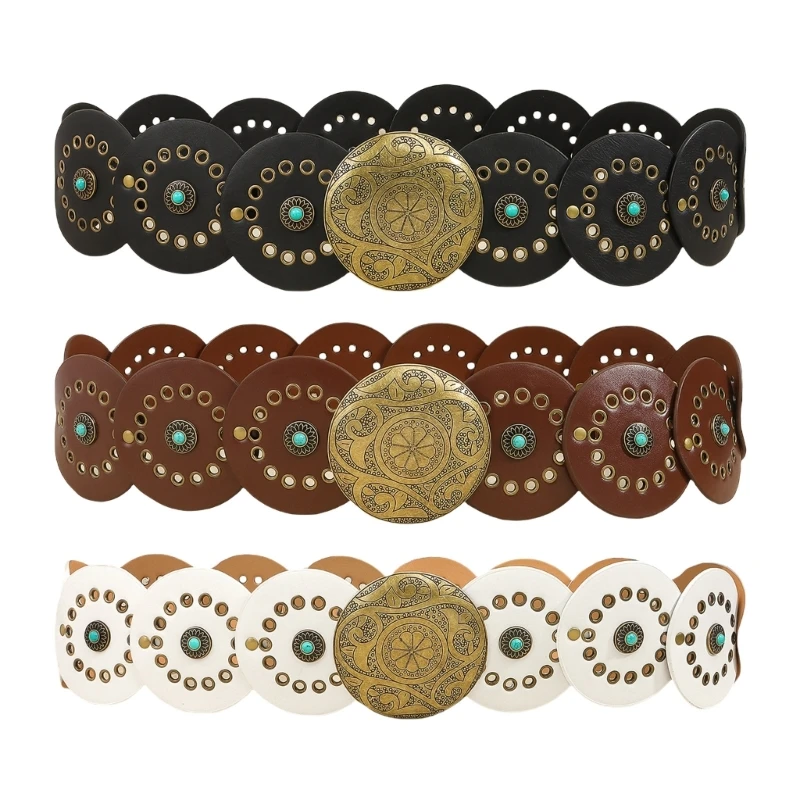 

Carved Buckle Round Disc Belt for Women Punk Waist Belt 2000s Bohemian PU Leather Belt for Girl Cool Western Waistband