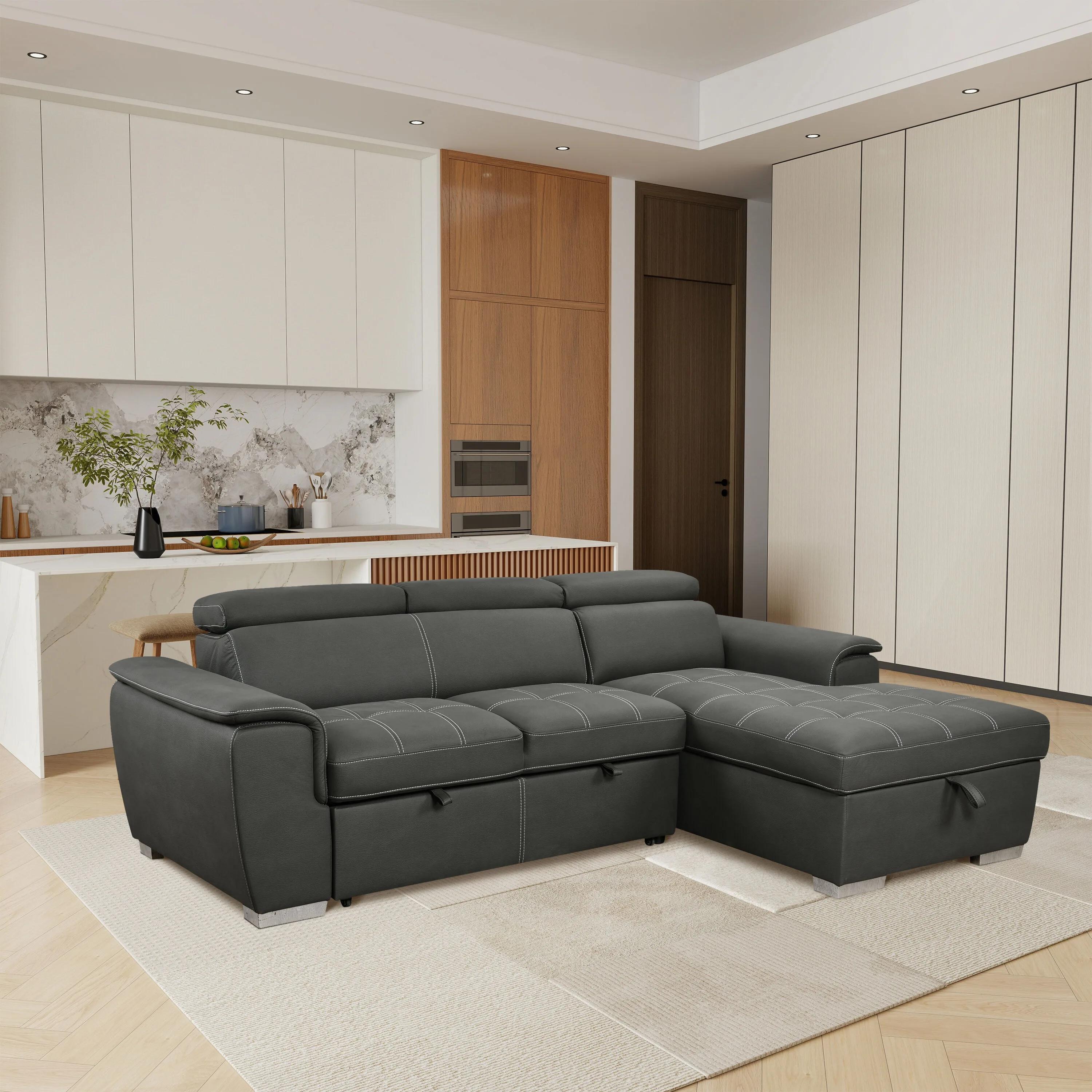 

db-Modern Grey Fabric Sectional Sofa Bed Multifunctional Ottoman with Storage Versatile Furniture for Living Rooms & Bedrooms@