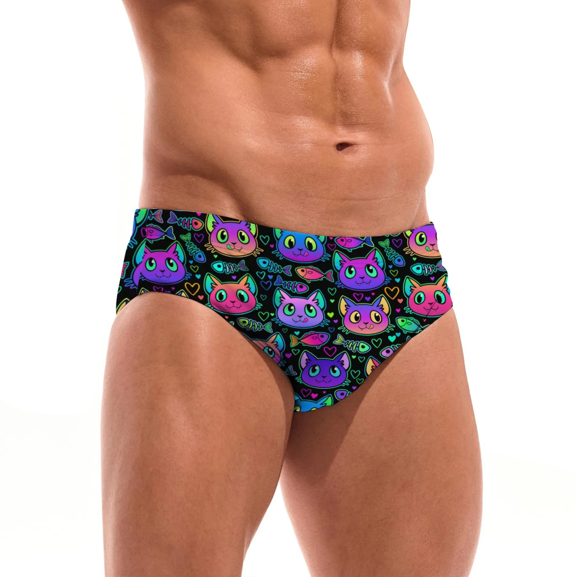 Retro cartoon cat print men's swimming trunks lightweight breathable men's briefs swimsuit sexy bikini beach pool supplies