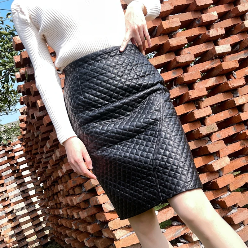 New Women Genuine Leather Skirt Knee-Length Female Slit Sewing High Waist Jupe Mujer Straight Mid-Length Chic Faldas lattice