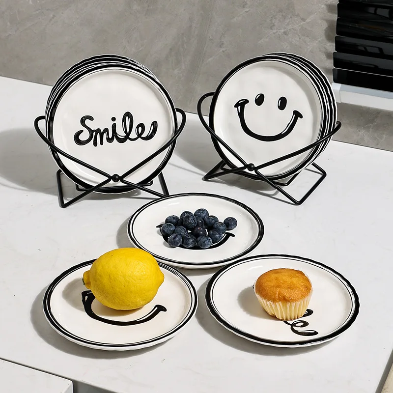 6 Piece Smiling Plate Korean INS With Metal Rack Dessert Ceramic Plates Fruit Cake Dish Breakfast Bread Tray Dishs Decor Display