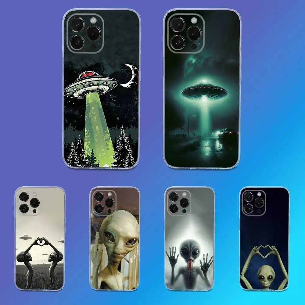 

Funny Thing Space UFO Alien Phone Case For iPhone 16,15,14,13,12,11 Pro,Max,Plus,X,XS,XR,SE,Mini Transparent Silicone Soft