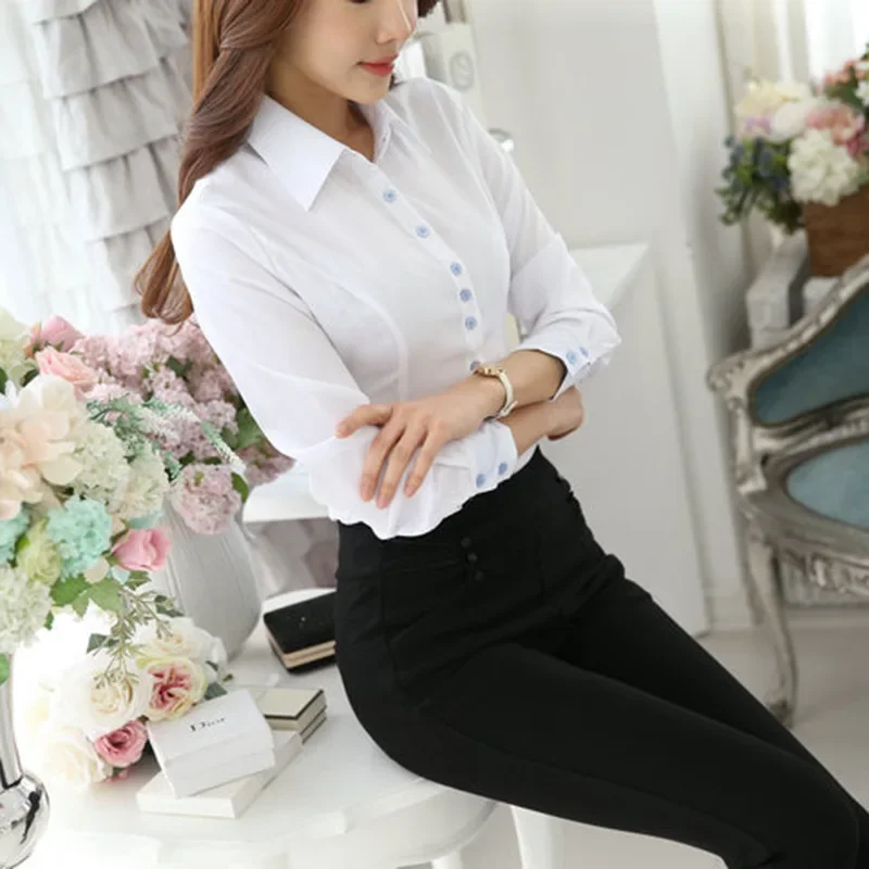 White Shirt Women Korean Fashion Shirts and Blouses Long Sleeve Blouse Chiffon Office Lady Working Clothes OL Basic Womens Tops