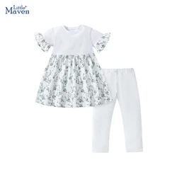 Little maven Baby Girls 2024 New Tracksuit Summer Cotton Children's Clothing Sets Cartoon Flowers Dress+Pants Kids Clothes