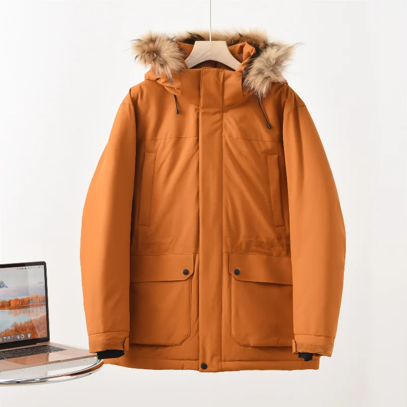 Casais pele de guaxinim com capuz jaquetas ao ar livre ferramentas 2025 inverno grande gola de pele das mulheres dos homens laranja solto pato branco azul marinho