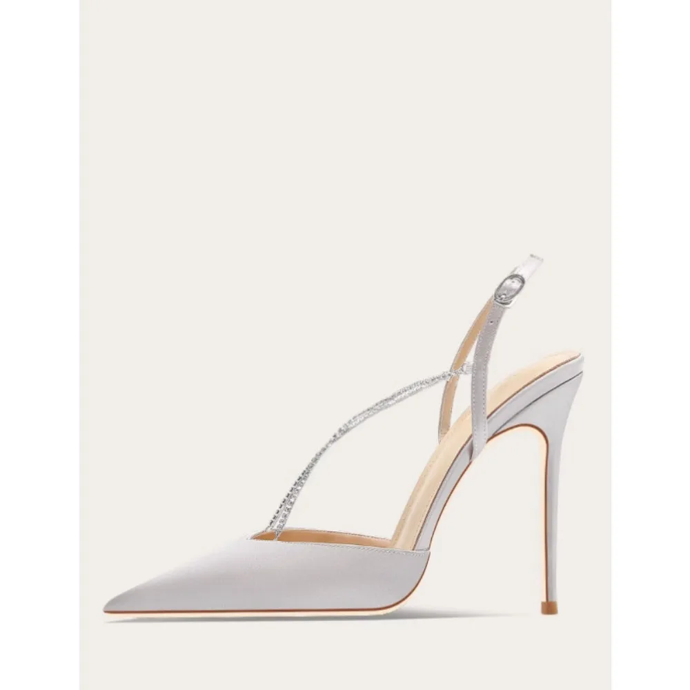 

2025 New Silver Grey Satin High Heel Sandals with Rhinestones Backless Slip On Dress Shoes for Women