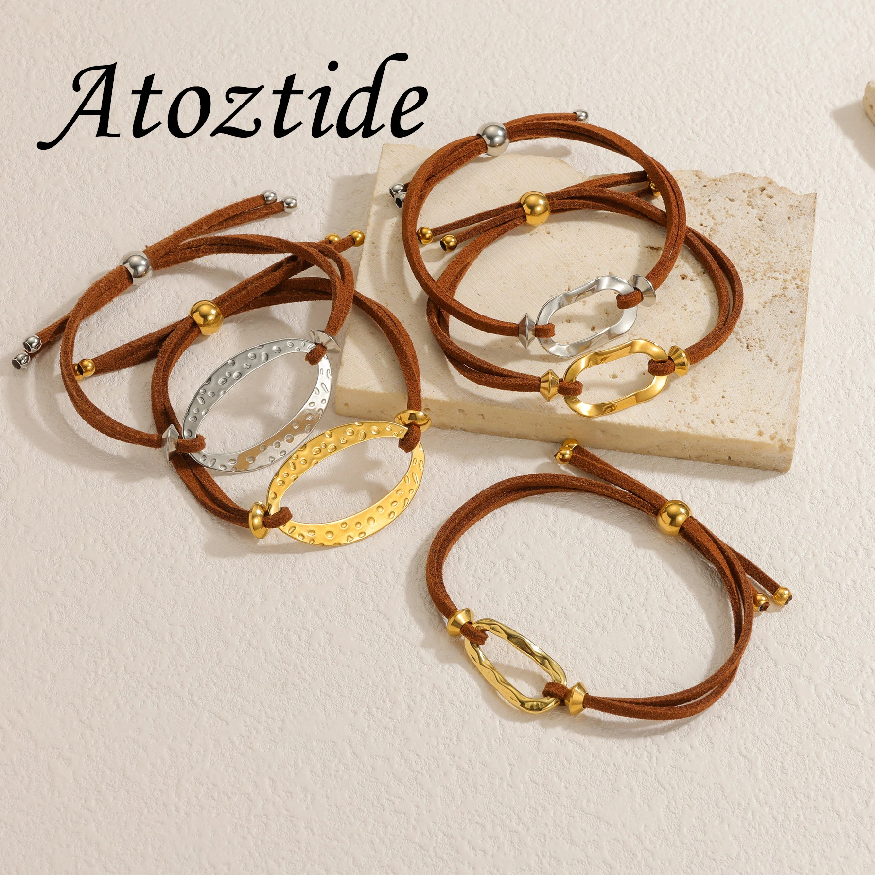 Atoztide موضة بسيطة حبل بني سوار للنساء الفولاذ المقاوم للصدأ متعددة نمط الكرز الشمس ستار سحر سوار مجوهرات هدية