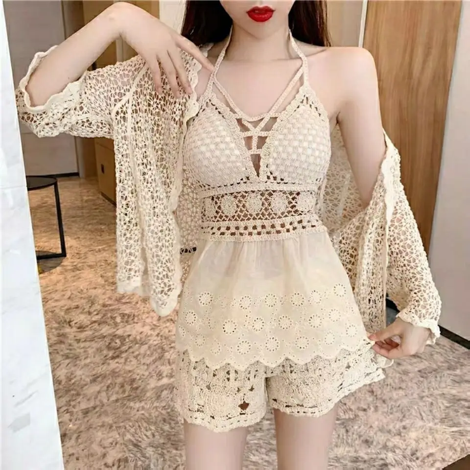 Three Piece Sets for Women Hollow Out Cardigan Halter Camisole Wide Leg Shorts Vacation Knitted Home Suits Beach Style E981