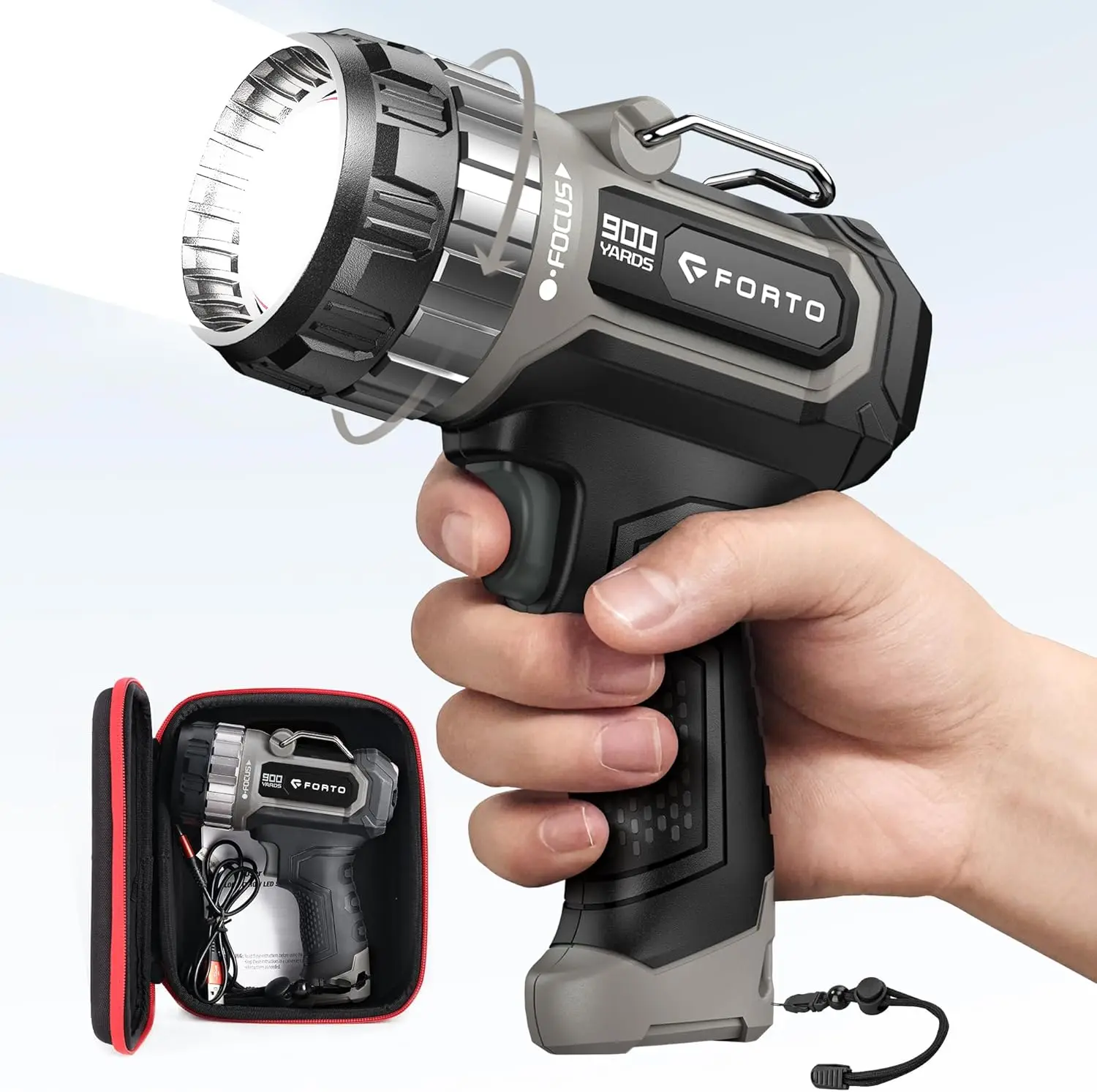 

Compact Rechargeable Spotlight with Adjustable Focus, 823m Range, 3 Modes, Handheld with Stand for Outdoor Activities