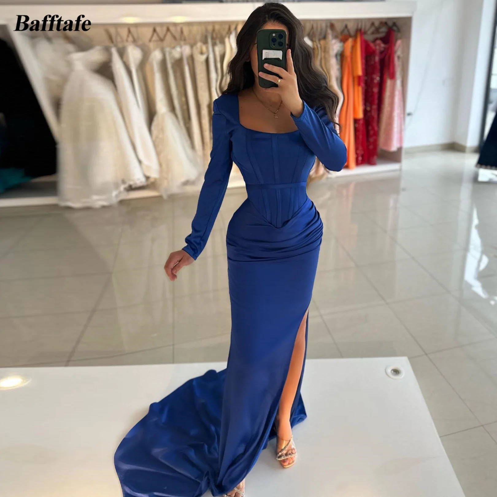 

Bafftafe Blue Mermaid Satin Formal Evening Dresses Long Sleeves Square Collar Women Prom Party Gowns Slit Celebrity Dress 2024