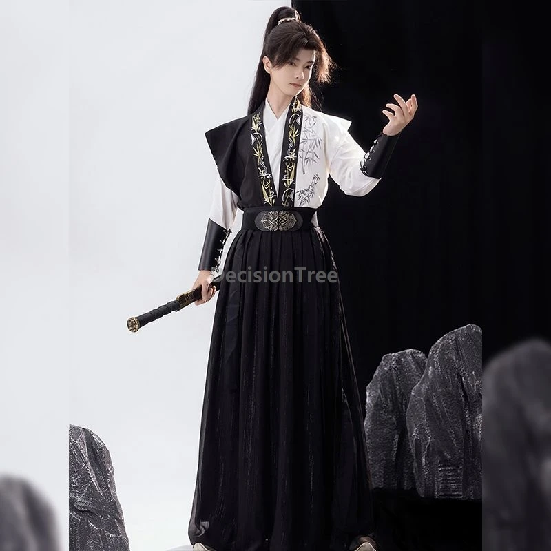 

2025 dashing cool swordsman outfit bamboo embroideried literature art temperament men's hanfu chinese style crossed collar hanfu