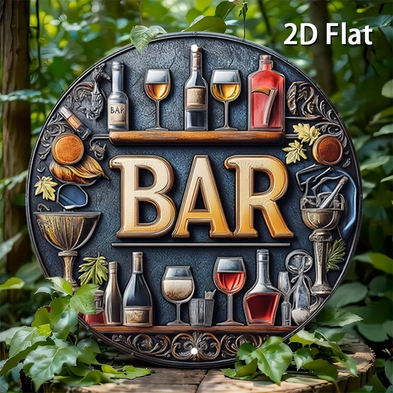 [2D Flat] 1 Stück Vintage-Metallschild „Bar“-Thema – elegantes rundes Poster aus Aluminium mit Wein und Gläsern, Retro-Wandkunst für Bar, Café, Strand H