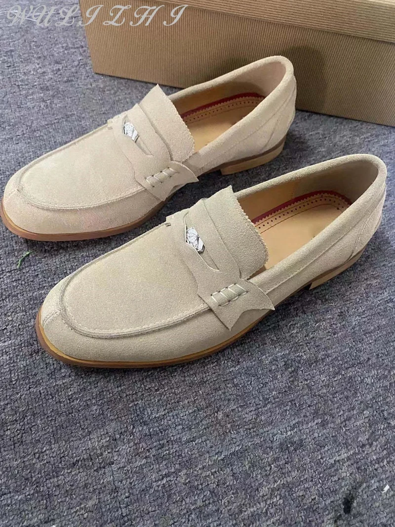 Beige Suede Leather Casual Men's Loafers Designer Round Toe Non Slip Comfortable Derby Shoes Solid Color Daily Male Shoes