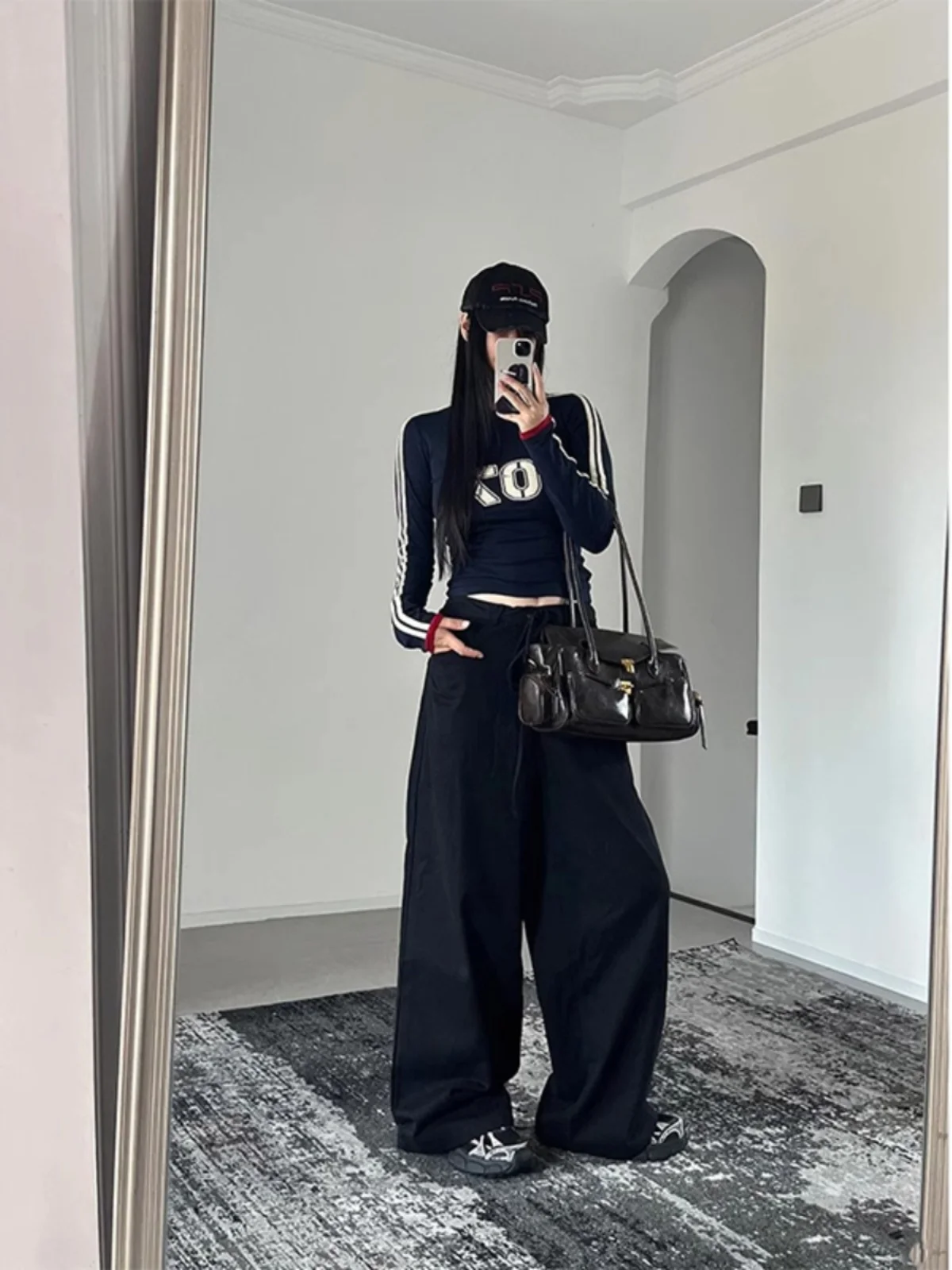 Retro American Blue Long Sve T-irt Women's Slim Fit Double Bar Color Blo Top for Early Autumn Korean Sle Commute