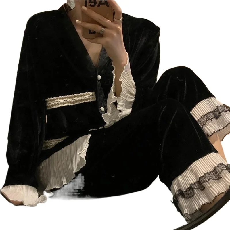 Fat  Extra Large Size Spring and Autumn New Korean Version Golden Velvet Light Luxury Pajamas Women's Loose 145KG Loungewear Set