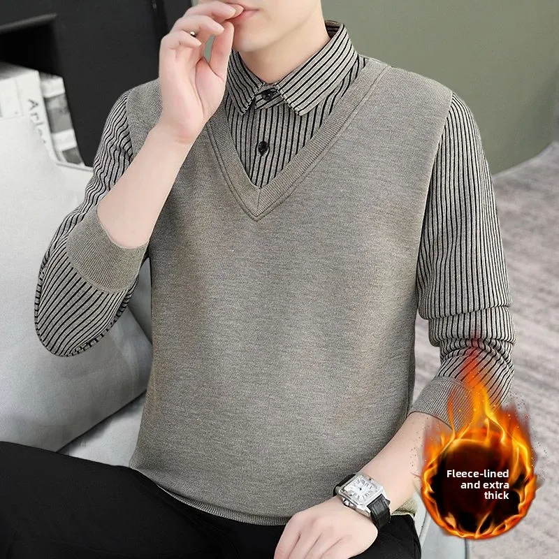 

Мужской вязаный свитер с эффектом двухслойности и воротником-стойкой, осенне-зимняя новинка, корейская версия, свитер с воротником-стойкой