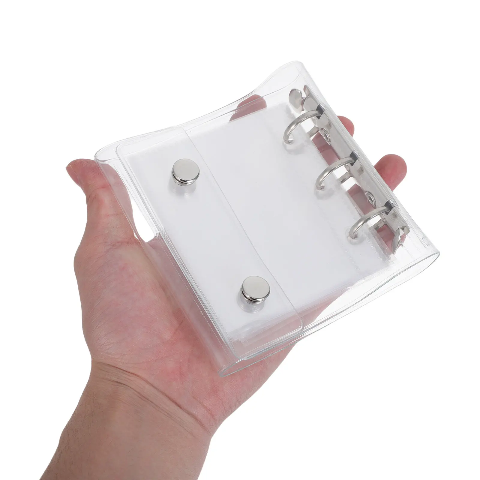 

1Set Mini A8 Round Ring Binder Cover Transparent Soft PVC Snap Button Closure with Pockets for Loose Leaf Notes Cards Cash