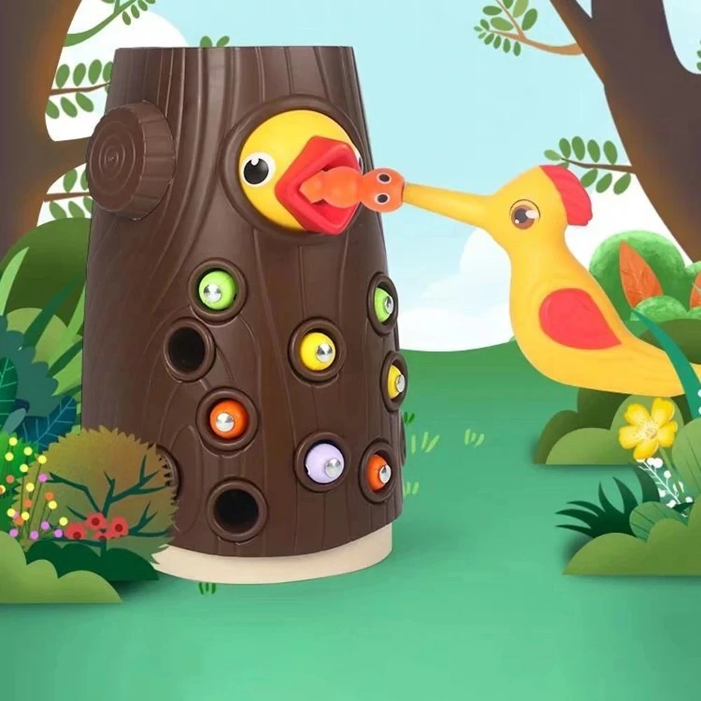 Montessori Baby Wooden Toys Magnetic Woodpecker Catching Worms Feeding Fishing Game Set Educational Toys for Kids Birthday Gift