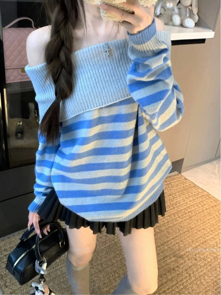 مخطط واحد يكتشف كسول طويل Sve محبوك سترة المرأة فضفاضة Faionable الخريف جديد Sle تخفيف فضفاضة تناسب تريكو