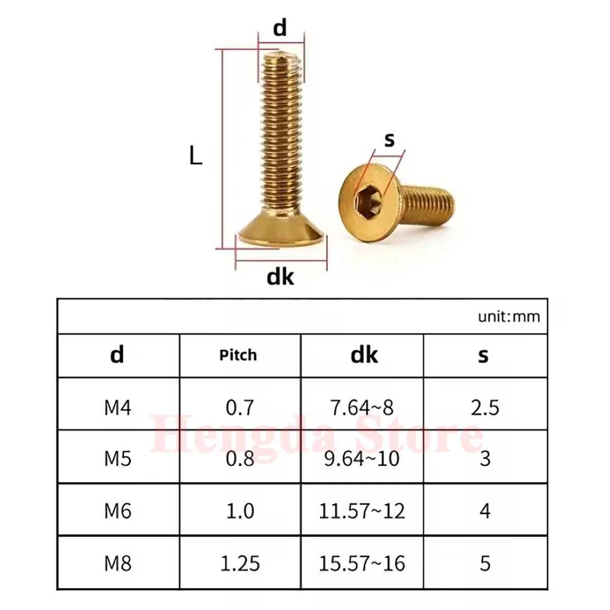 M4 M5 M6 M8 304 Stainless Steel With Titanium Plated Golden DIN7991 Flat Head Hex Socket Countersunk Head Allen Screw Bolts