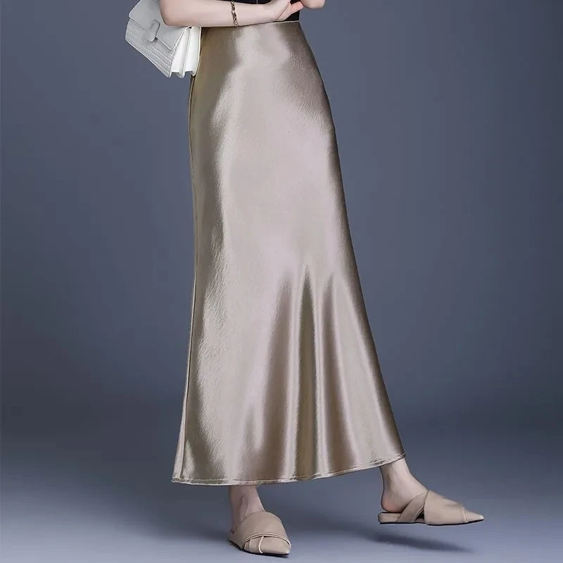 خلات الساتان مزاجه عالية الخصر التنانير الصيف جديد إمرأة طويل حورية البحر تنورة طويلة الراقية أنيقة ضئيلة ماكسي ذيل السمكة التنانير