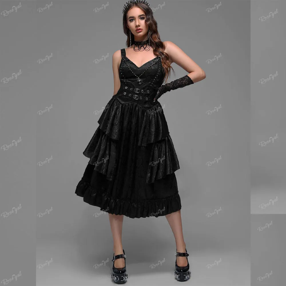 ROSEGAL Plus Size Victorian Gothic Jacquard Grommets Buckle Cross Layered Dresses Women's Punk Sleeveless Party Dress Vestidos