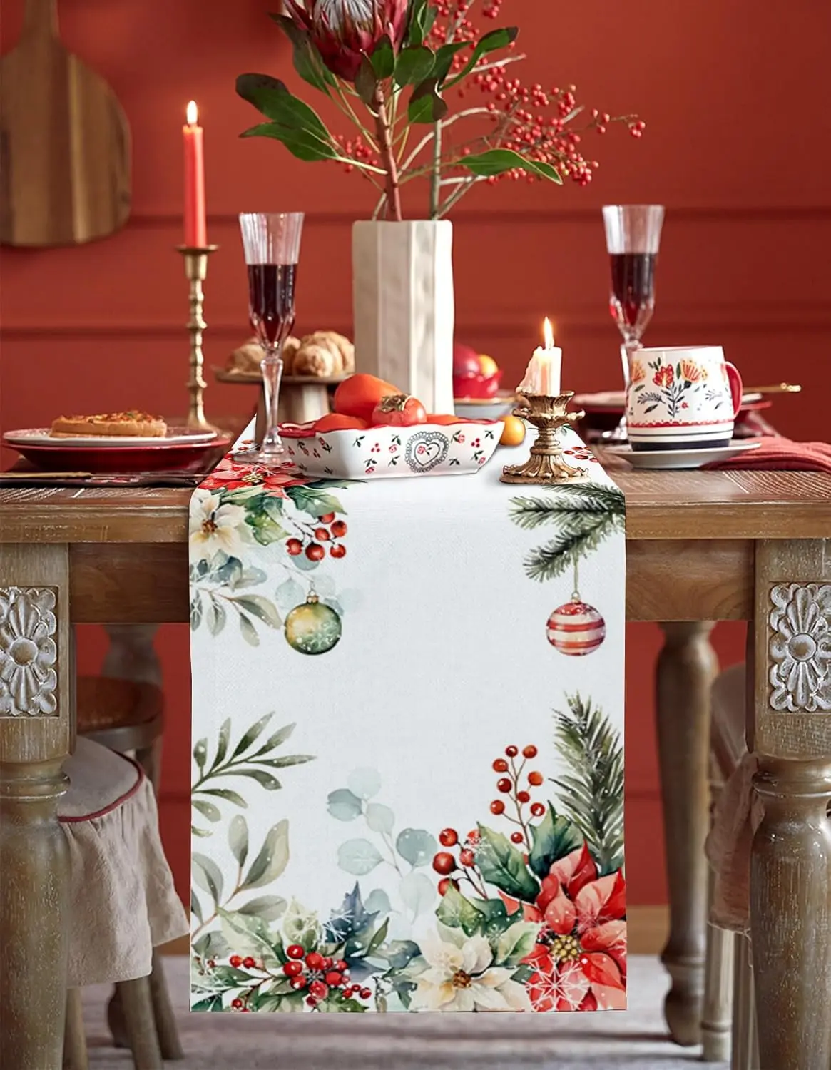 Christmas Poinsettia Pine Eucalyptus Leaf Linen Table Runner Dresser Scarf Winter Xmas Party Table Decor Navidad Decoration 2025