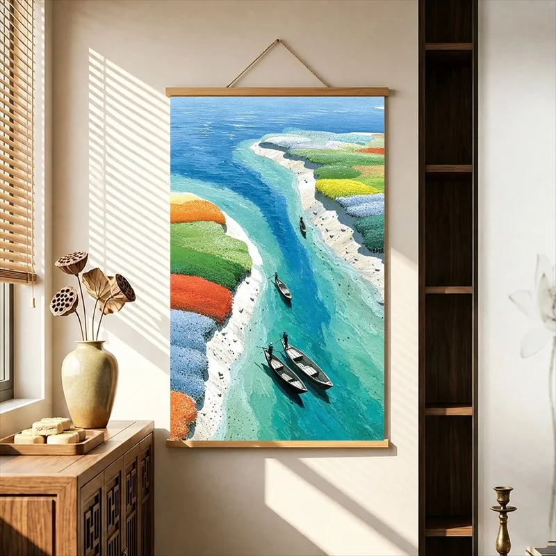 Wall Decorations Turquoise Rivers and Floating Islands, Dreamy Landscape Pearlescent Canvas Hanging Scroll for Meditation Dome
