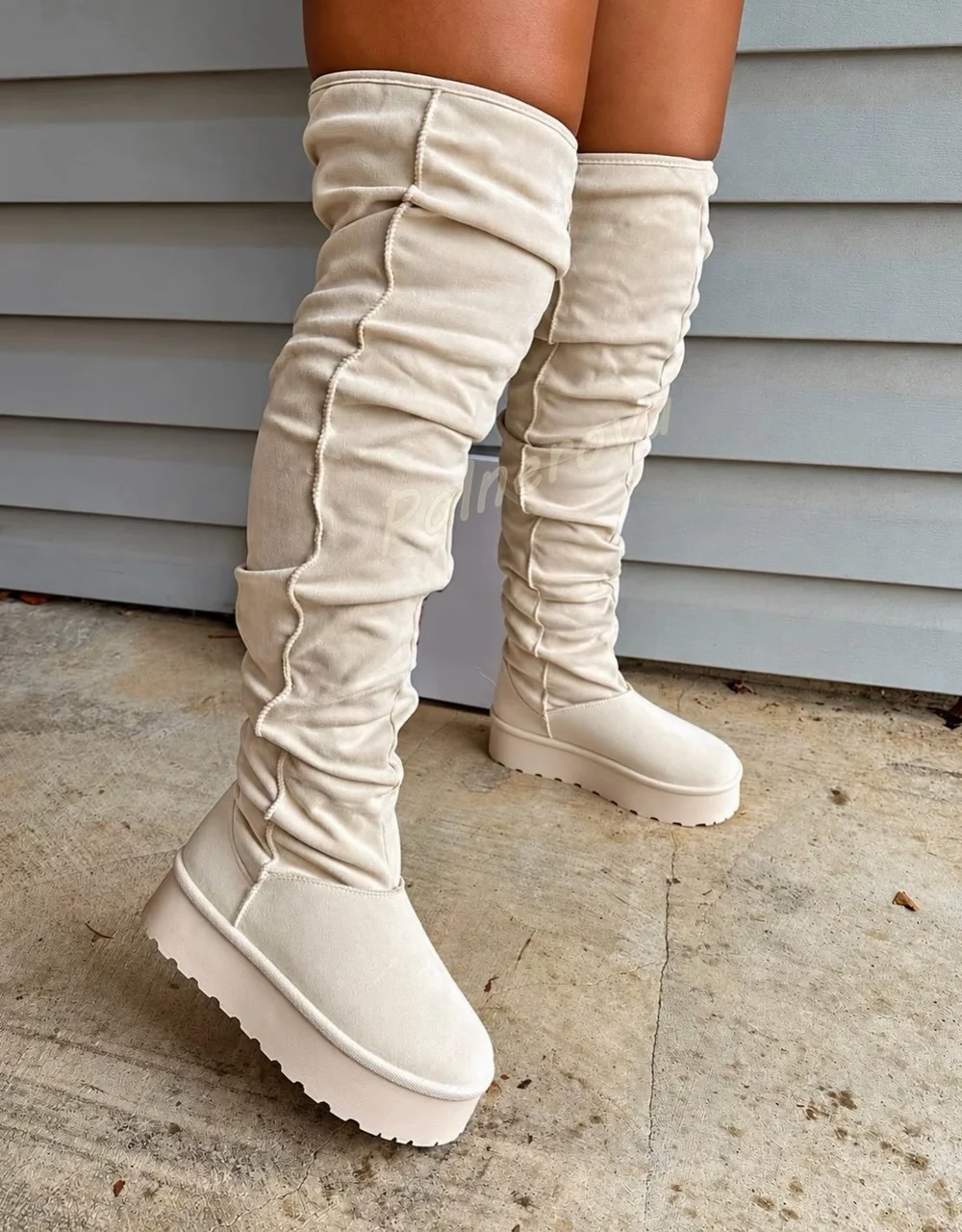 Suede Over The Knee Boots Women Ruched Slouchy Platform Thick Sole Long Boots Round Toe Warm Winter Fashion Solid Snow Boots