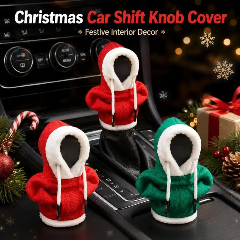 Christmas Hoodie Car Shift Knob Cover, Plush Gear Shifter Cover, Festive Car Interior Decor, Red/Green
