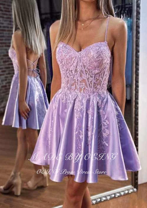 OEING Lavender Prom Dresses Embroidery Appliqué Evening Dresses Mini Short Sexy Lace Up Back Princess Cocktail Party Dresses