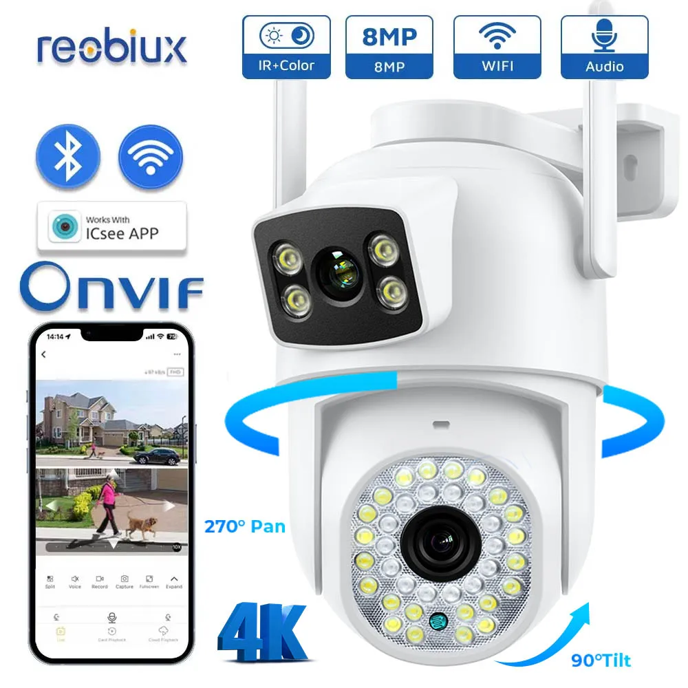 reobiux-デュアルレンズ監視カメラ、ai人間検出、自動追跡、cctv、wi-fi、4mp、セキュリティ保護、icseeアプリ、4k、8mpカメラ