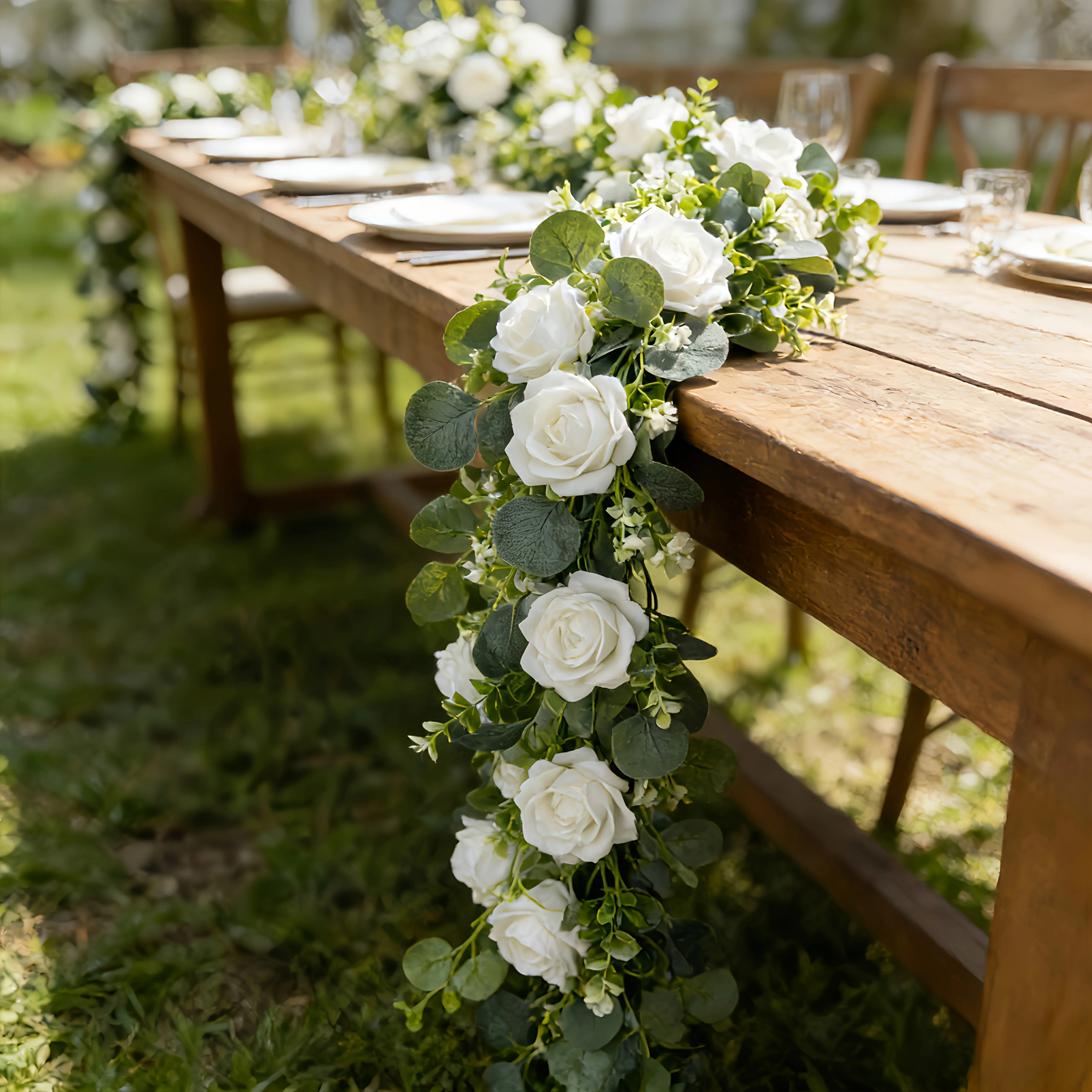 14/7 Stück Künstliche Blumen Weiße Rosen Eukalyptusblätter Künstliche Rankengirlanden | Ganzjahres-Hängedekoration für Hochzeiten, ideal für Ostern – Detail 7