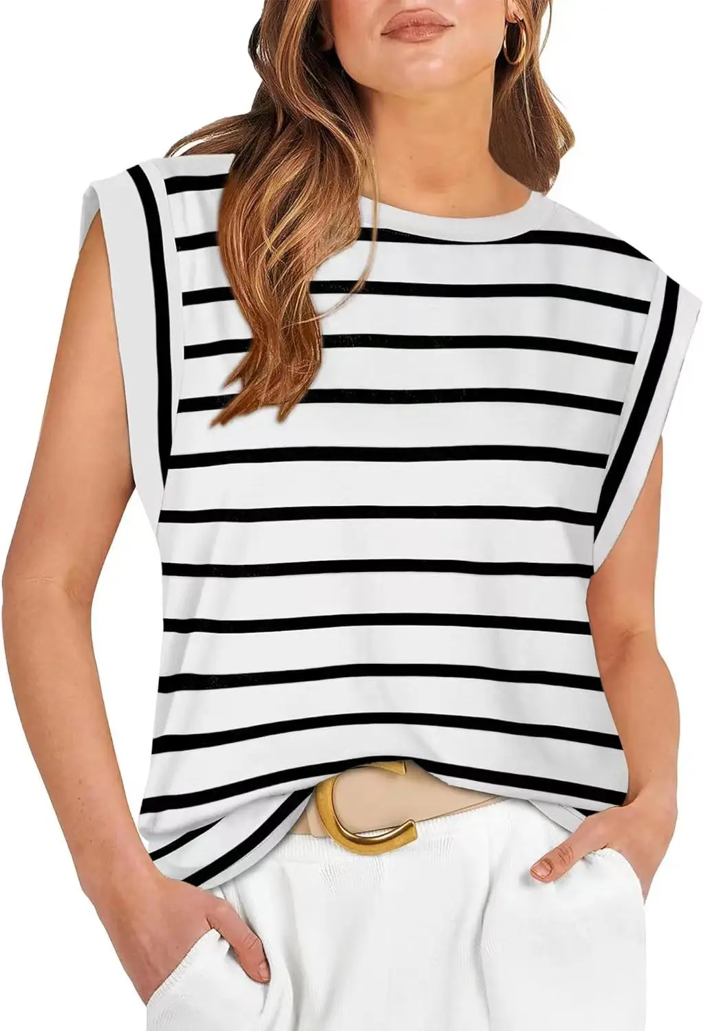 

Cap Sleeve Tops for Women Summer Top Casual Basic Tee Shirts Striped Loose Fit Tank Tops