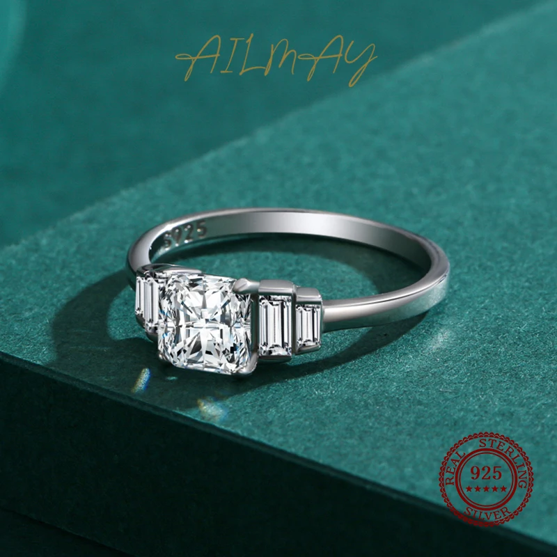 Ailmay 2022 New Arrival 100% 925 Sterling Silver Luxury Square Clear CZ Finger Rings For Women Wedding Engagement Fine Jewelry