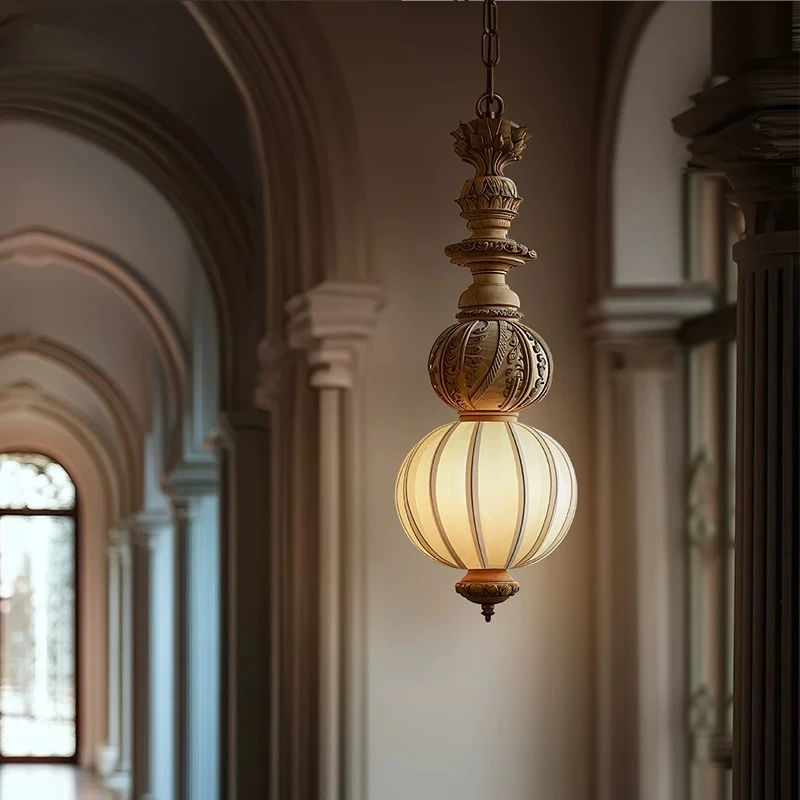 Vintage French Carved Gourd Pendant Light Antique Resin Glass Hanging Lamp Bedroom Bedside Corridor Balcony Cafe Farmhouse Decor